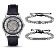 Emporio Armani Luigi Silver Skeleton Dial Black Leather Strap Watch For Men - AR1981