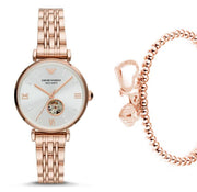 Emporio Armani Meccanico Gianni T-Bar Silver Dial Rose Gold Steel Strap Watch For Women - AR60023