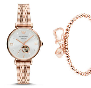 Emporio Armani Meccanico Gianni T-Bar Silver Dial Rose Gold Steel Strap Watch For Women - AR60023