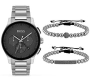 Hugo Boss Peak Chronograph Black Dial Silver Steel Strap Watch for Men - 1513762