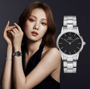 Daniel Wellington Iconic Link Black Dial Silver Steel Strap Watch for Women - DW00100204