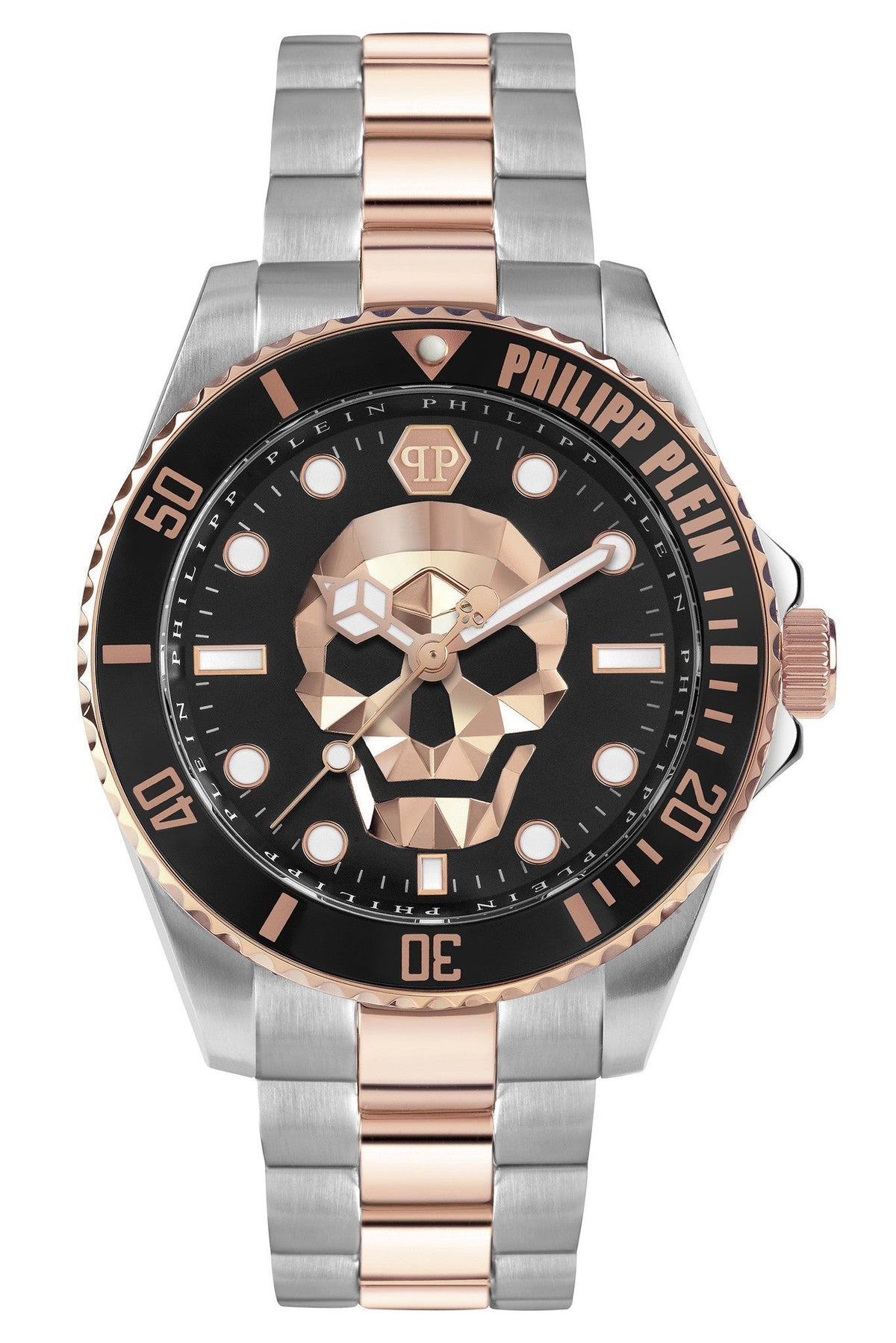 Philipp Plein The $kull Diver Black Dial Two Tone Steel Strap Watch For Men- PWOAA0822