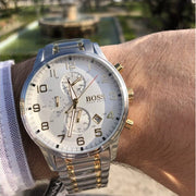 Hugo Boss Areoliner Chronograph White Dial Two Tone Steel Strap Watch for Men - 1513236