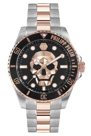 Philipp Plein The $kull Diver Black Dial Silver With Rose Gold Stainless Steel Strap Watch For Men- PWOAA0822