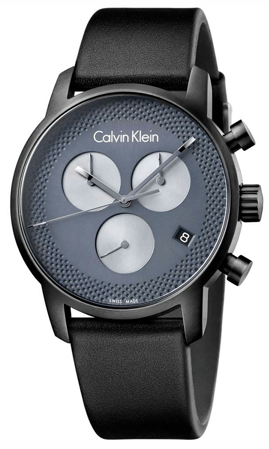 Calvin Klein City Chronograph Grey Dial Black Leather Strap Watch for Men - K2G177C3