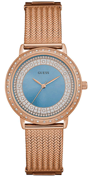 Guess Willow Crystal Blue Dial Rose Gold Mesh Bracelet Watch For Women - W0836L1