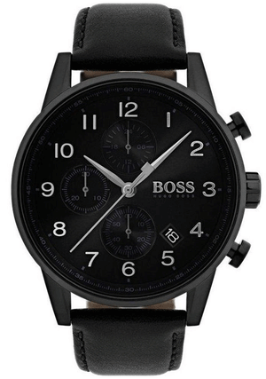 Hugo Boss Navigator Chronograph Black Dial Black Leather Strap Watch for Men - 1513497