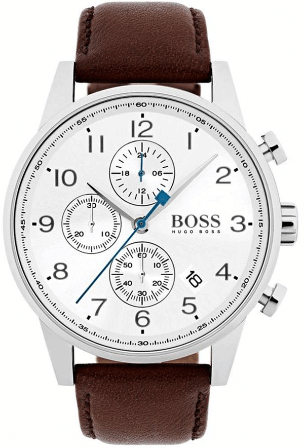 Hugo Boss Navigator Chronograph White Dial Brown Leather Strap Watch for Men - 1513495