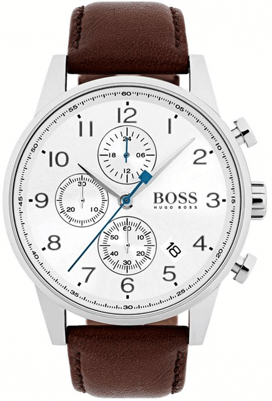 Hugo Boss Navigator Chronograph White Dial Brown Leather Strap Watch for Men - 1513495