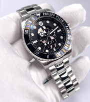 Philipp Plein The $kull Diver Black Dial Silver Steel Strap Watch For Men- PWOAA0522