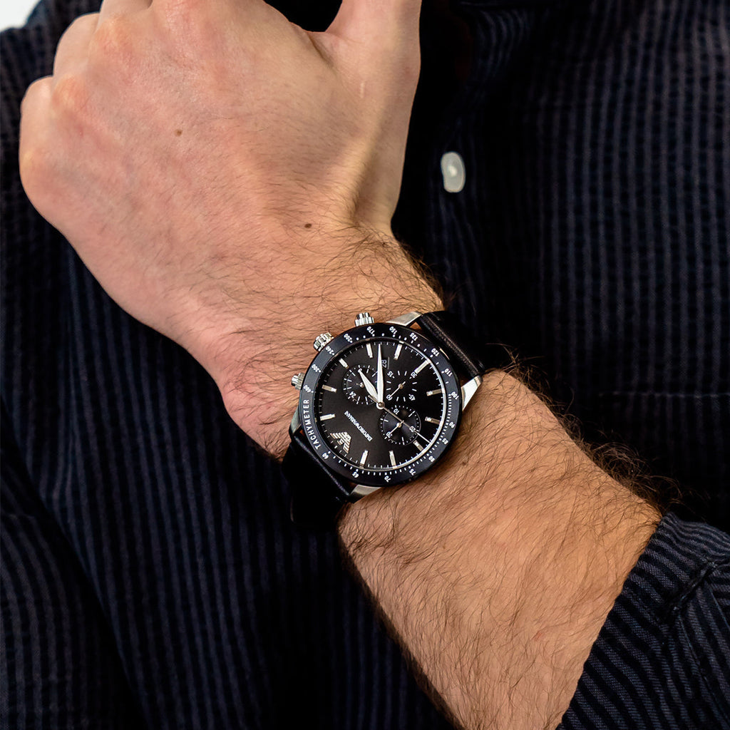 Emporio Armani Mario Chronograph Black Dial Black Leather Strap