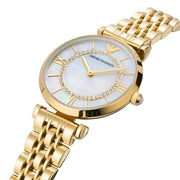 Emporio Armani Gianni T Bar Mother of Pearl White Dial Gold Steel Strap Watch For Women - AR190700