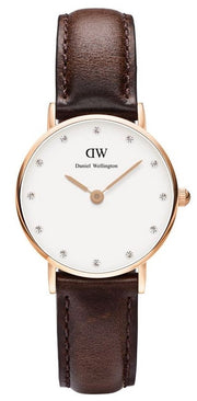 Daniel Wellington Classy Bristol White Dial Brown Leather Strap Watch For Women - DW00100062