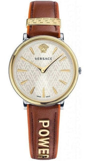 Versace V-Circle Silver Dial Brown Leather Strap Watch for Women - VBP03017