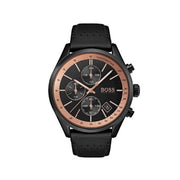 Hugo Boss Grand Prix Chronograph Black Dial Black Leather Strap Watch for Men - 1513550