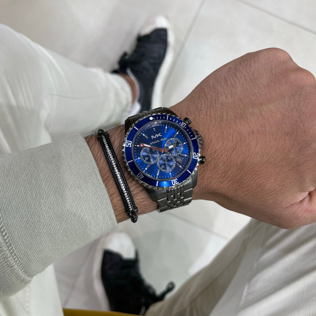 Michael Kors Bayville Chronograph Blue Dial Grey Steel Strap Watch