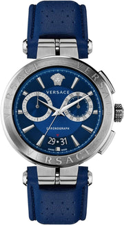 Versace Aion Chronograph Blue Dial Blue Leather Strap Watch for Men - VE1D01220