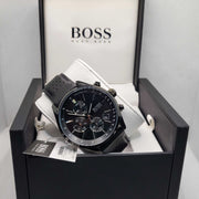 Hugo Boss Grand Prix Chronograph Black Dial Black Leather Strap Watch for Men - 1513474