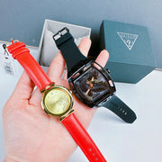 Guess Trend Dragon Gold Dial Red Leather Strap Watch For Women - GW0646L1