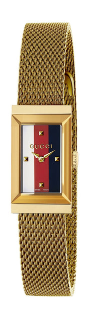 Gucci G Frame Quartz Diamonds White Red Blue Dial Gold Mesh Bracelet Watch For Women - YA147511