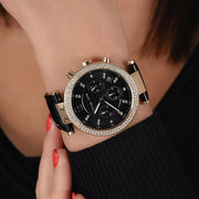 Michael Kors Parker Chronograph Black Dial Black Leather Strap Watch For Women - MK6984