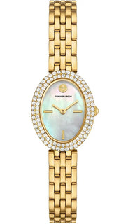 Tory Burch Oval Mother of Pearl Dial Gold Steel Strap Watch for Women - TBW6034