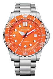 Citizen Mechanical Automatic Orange Dial Silver Steel Strap Watch for Men - NJ0128-80X