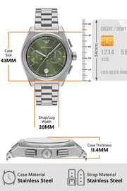 Emporio Armani Federico Chronograph Green Dial Silver Steel Strap Watch for Men - AR11640