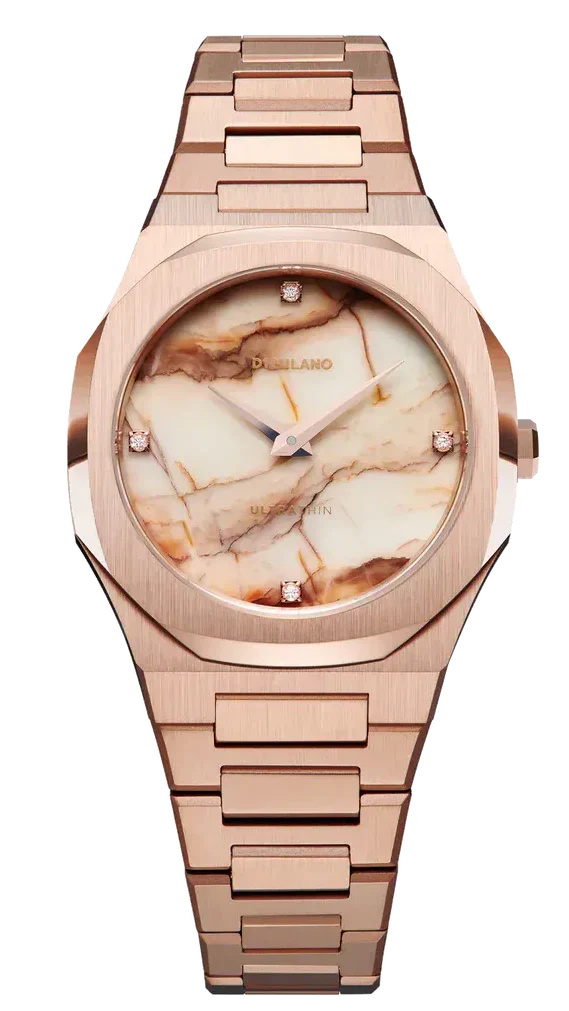 D1 Milano Ultra Thin Marble Dial Rose Gold Steel Strap Watch for Women - D1-UTBL14