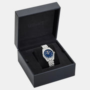 Versace V-Code Analog Blue Dial Silver Steel Strap Watch for Women - VE8I00324