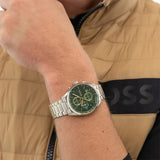 Hugo Boss Grand Prix Chronograph Green Dial Silver Steel Strap Watch for Men - 1514266