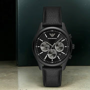 Emporio Armani Antonio Chronograph Black Dial Black Leather Strap Watch for Men - AR11583