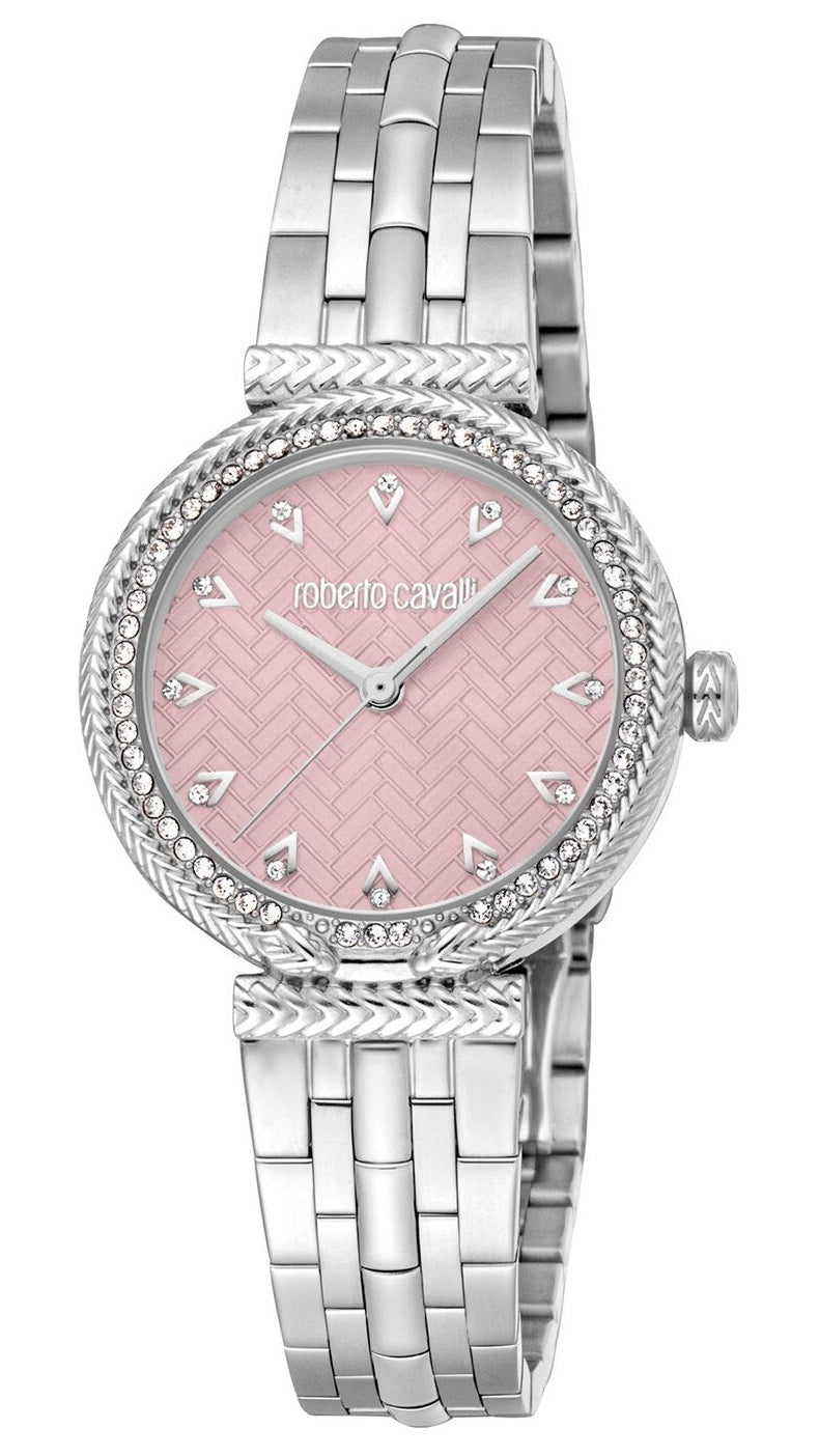 Just Cavalli Chiarezza Snake Core Pink Dial Silver Steel Strap Watch for Women - RC5L078M0015