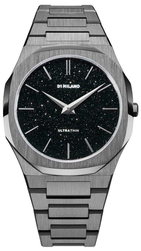 D1 Milano Ultra Thin Aventurine Black Dial Silver Steel Strap Watch for Men - D1-UTBJ29