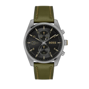 Hugo Boss Skytraveller Chronograph Black Dial Green Leather Strap Watch for Men - 1514148