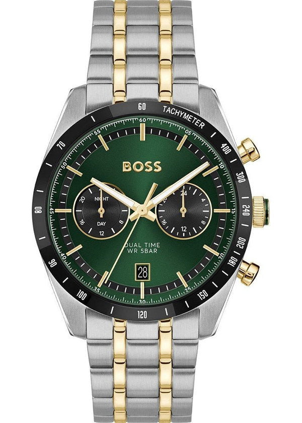 Hugo Boss Tourmaster Chronograph Green Dial Two Tone Steel Strap Watch for Men - 1514287