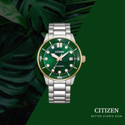 Citizen Mechanical Automatic Green Dial Silver Steel Strap Watch for Men - NJ0196-80X