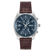 Hugo Boss Skytraveller Chronograph Blue Dial Brown Leather Strap Watch for Men - 1514194
