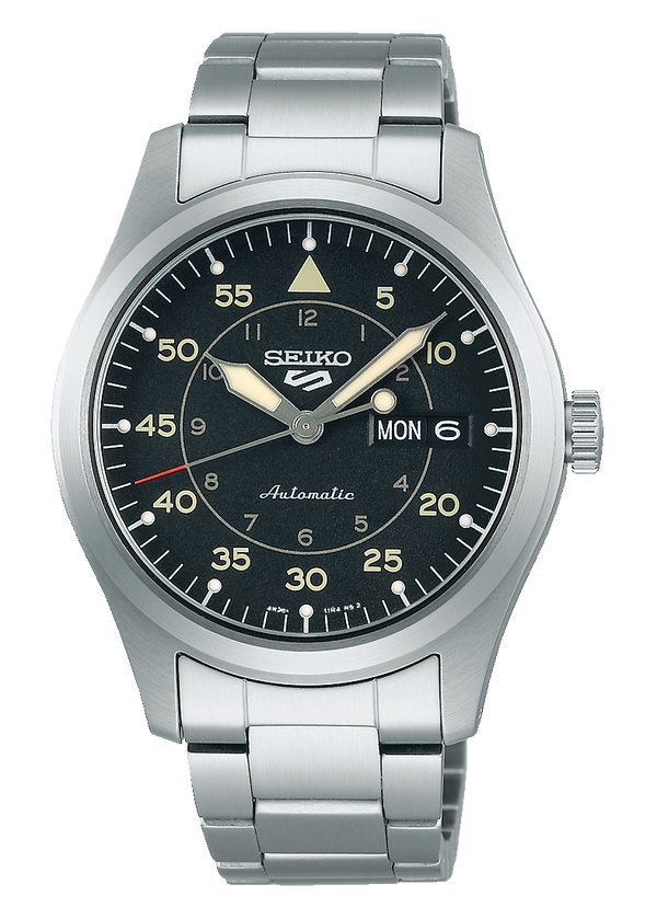 Seiko 5 Sports Flieger Automatic Black Dial Silver Steel Strap Watch for Men - SRPH27K1
