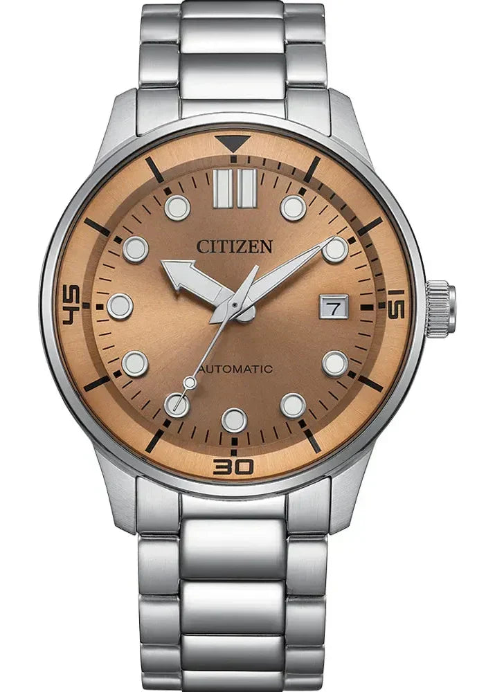 Citizen Mechanical Automatic Salmon Brown Dial Silver Steel Strap Watch for Men - NJ0191-83X