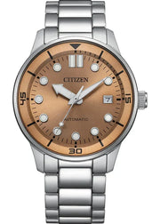 Citizen Mechanical Automatic Salmon Brown Dial Silver Steel Strap Watch for Men - NJ0191-83X