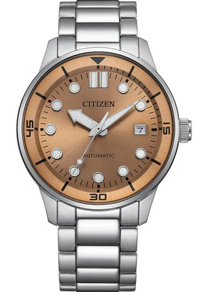 Citizen Mechanical Automatic Salmon Brown Dial Silver Steel Strap Watch for Men - NJ0191-83X