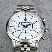 Maserati Epoca Chronograph White Dial Silver Steel Strap Watch for Men - R8873618034