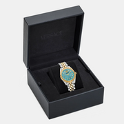 Versace V-Code Analog Turquoise Dial Two Tone Steel Strap Watch for Women - VE8I00524