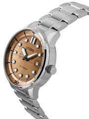 Citizen Mechanical Automatic Salmon Brown Dial Silver Steel Strap Watch for Men - NJ0191-83X