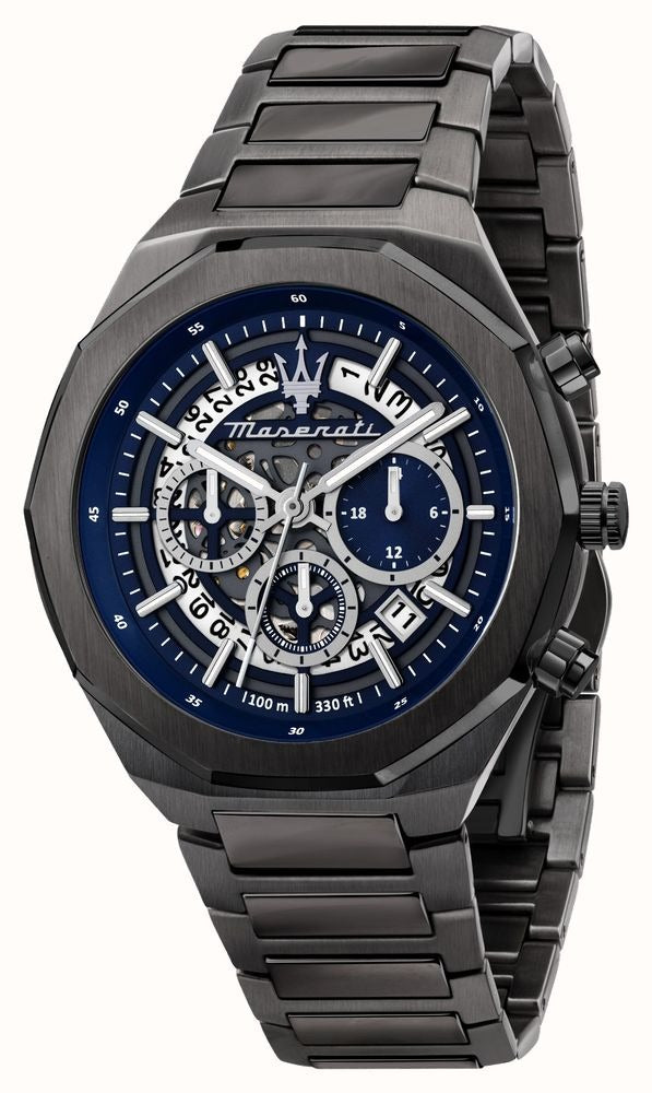 Maserati Stile Skeleton Chronograph Blue Dial Grey Steel Strap Watch for Men - R8873642012