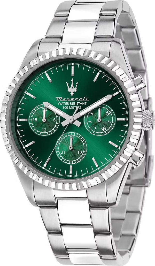 Maserati Competizione Chronograph Green Dial Silver Steel Strap Watch for Men - R8853100044