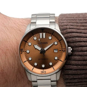 Citizen Mechanical Automatic Salmon Brown Dial Silver Steel Strap Watch for Men - NJ0191-83X