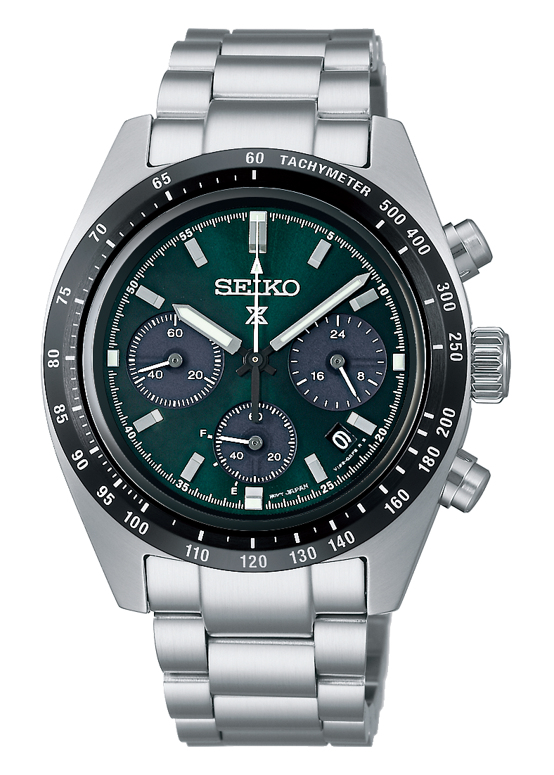 Seiko Prospex Speedtimer Solar Chronograph Green Dial Silver Steel Strap Watch for Men - SSC933