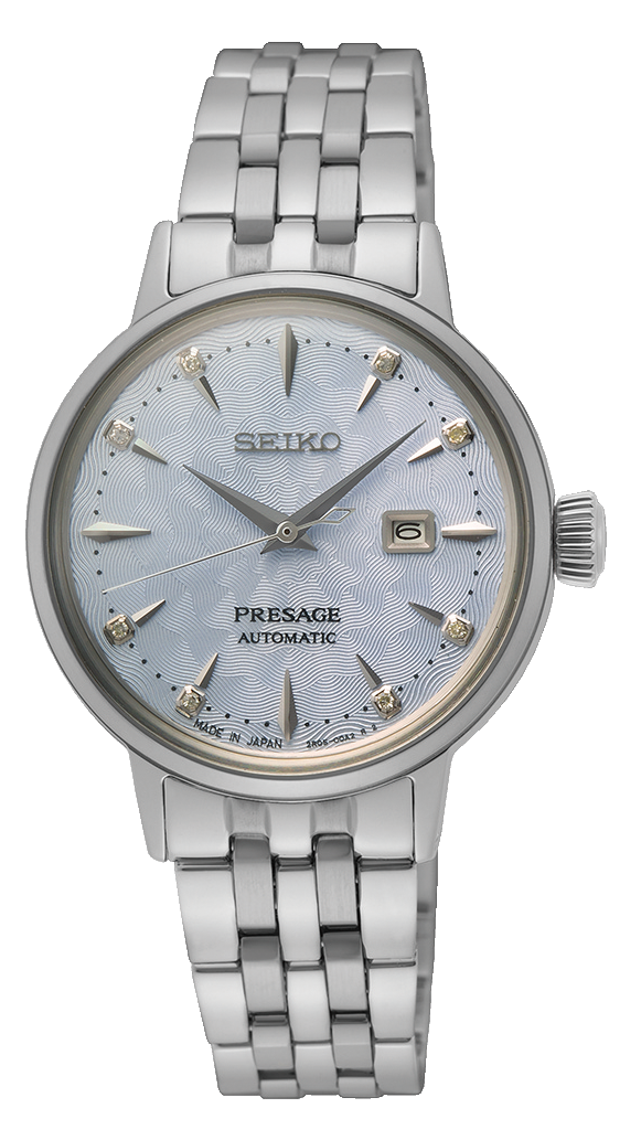 Seiko Presage Cocktail Time Automatic Skydiving Diamonds Blue Dial Silver Steel Strap Watch for Women - SRE007J1